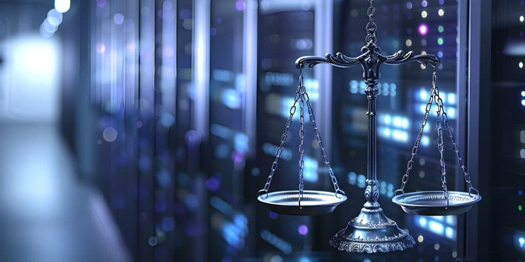 Tákn réttlætis með vogarskálum í stafrænu umhverfi, sem tengir lög og reglur við persónuvernd í netheimum.
