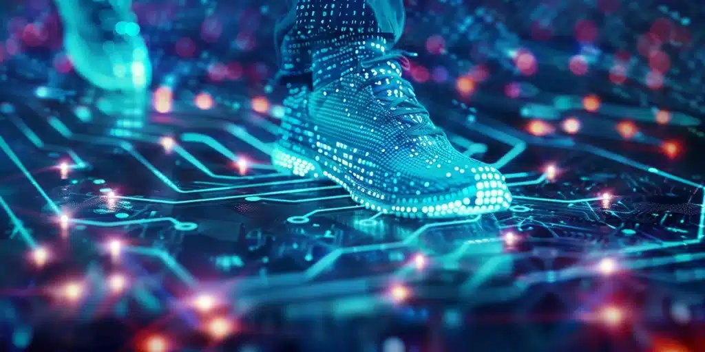 Stafrænir skór á rafeindatengdu yfirborði, sem táknar stafræn fótspor og gagnasöfnun á netinu.