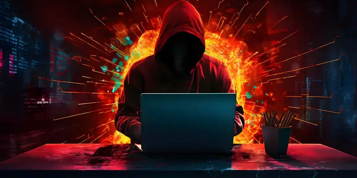 Hakkari í rauðri hettupeysu fyrir framan fartölvu, táknrænt fyrir netglæpi og netárásir á vefsíður.