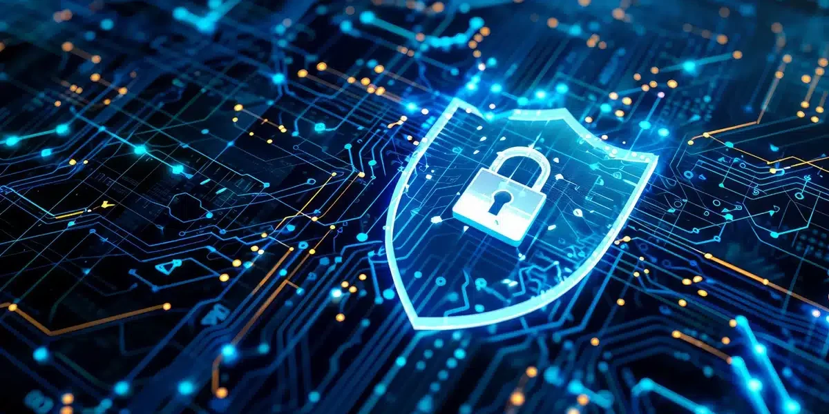 Netöryggi og persónuvernd: Hvernig tryggjum við öruggan rekstur vefsvæða? Stafræn öryggisvörn með lás og skjöld í netumhverfi, sem táknar netöryggi og persónuvernd.