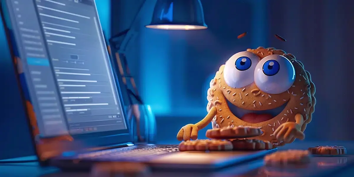 Teiknimyndavafrakaka við fartölvu sem táknar notkun vafrakaka á vefsíðum og lögbundnar skyldur því tengt.