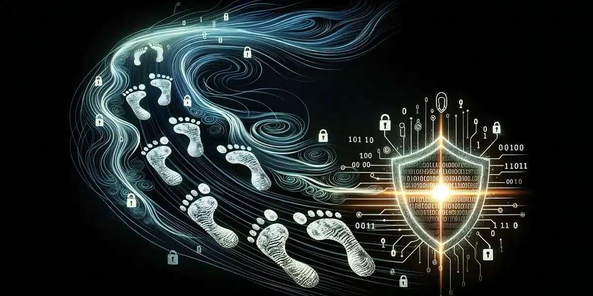 Stafræn fótspor sem leiða að netöryggisskildi, sem táknar leiðir til að takmarka stafræna slóð á netinu.